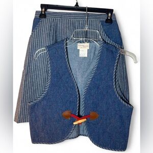 Vintage Denim Vest Skirt Stripe Girls Matching Set Sailor Toggle Preppy Sz 12.5